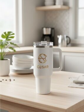 Custom CESAR White Travel Tumbler with Handle